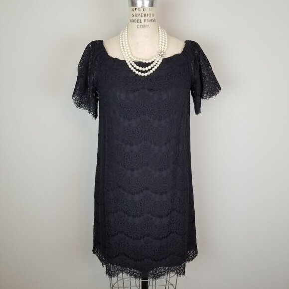 Monteau Black Eyelash Lace Off the Shoulder Shift Dress * Women's Size Medium - Picture 1 of 11